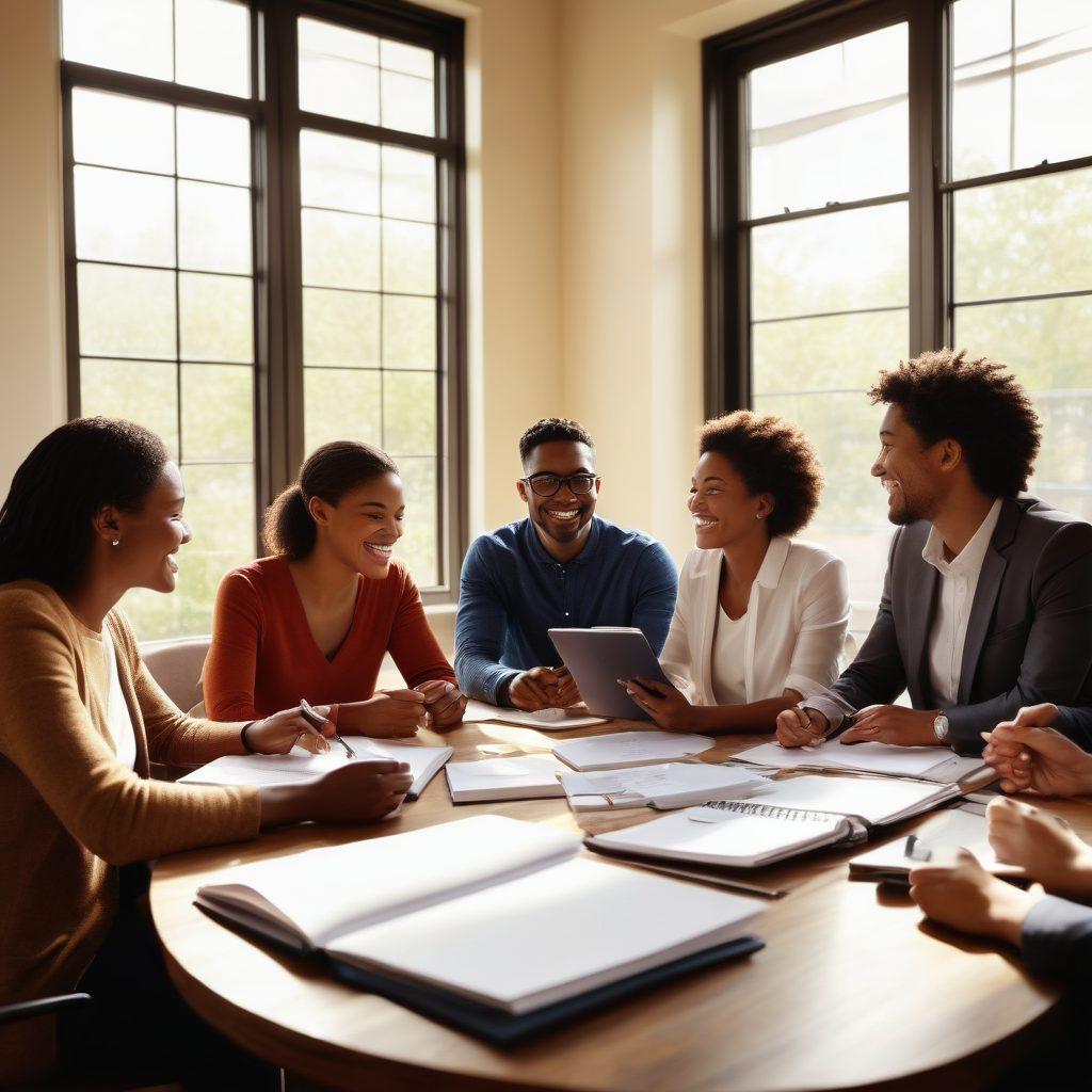 A warm, inviting scene depicting a diverse group of professionals engaging in a heartfelt conversation, surrounded by elements of collaborative teamwork like notepads, coffee cups, and a laptop. The backdrop features soft, natural light streaming through a window, symbolizing openness and trust. Add subtle visual symbols of affection, such as handshakes and smiles, to highlight the art of client engagement. super-realistic. vibrant colors. cozy atmosphere.