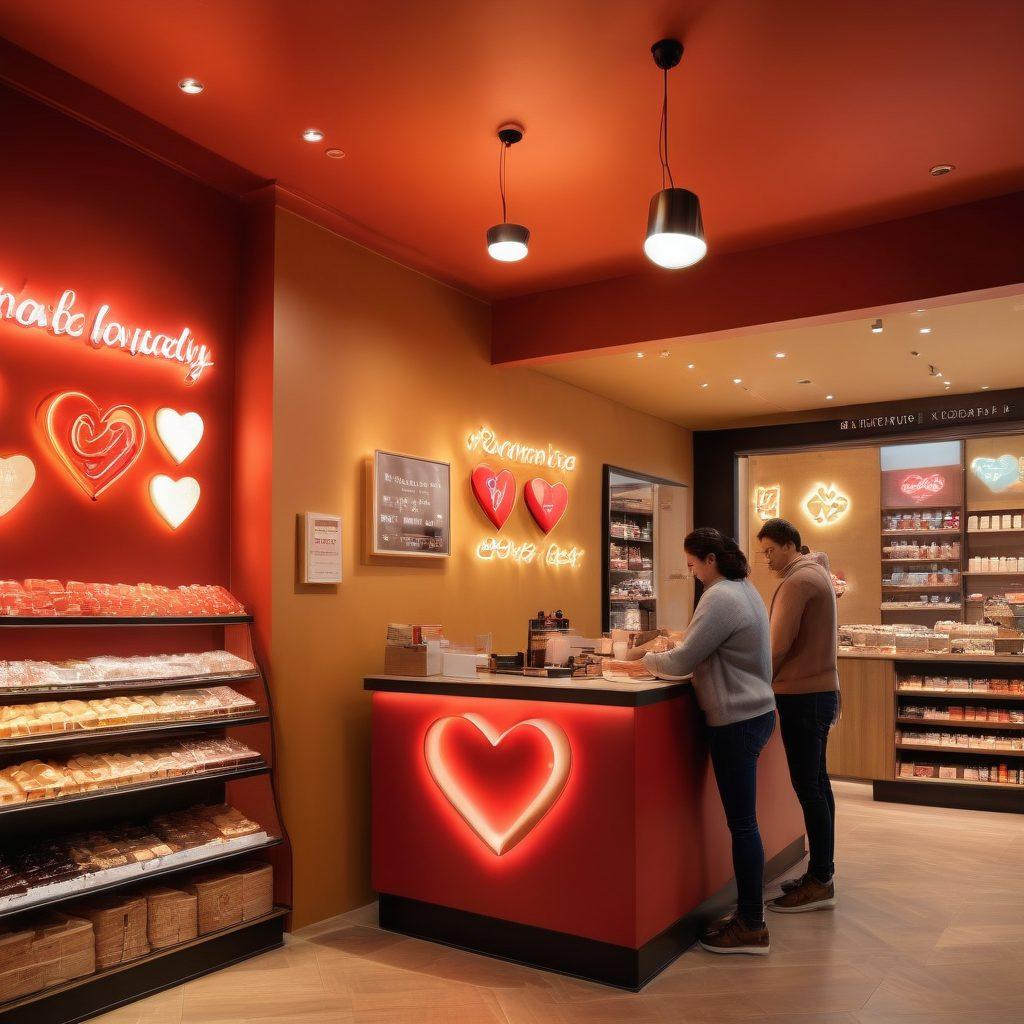 A vibrant scene showcasing diverse customers expressing admiration towards a heartfelt brand. The setting features a warm, inviting store interior filled with loyal customers, surrounded by heart-shaped symbols representing devotion and loyalty. Soft, glowing lights cast a warm ambiance, highlighting smiles and positive interactions between customers and staff. Emphasize elements of connection, warmth, and brand loyalty. super-realistic. vibrant colors. soft focus.